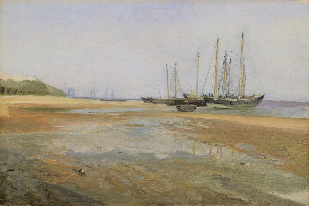 Cargo Ships on the Sands of the Elbe, 184045 (olje på papir montert på kort) av Johann Martin Gensler