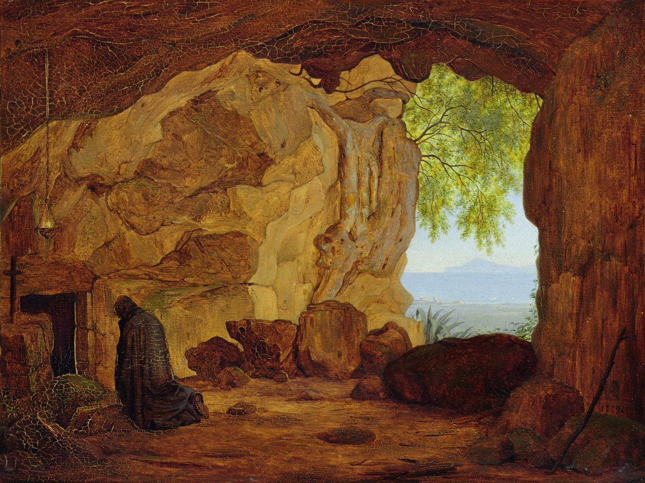 Praying Eremitt i en grotte, 1829 av Johann Martin von Rohden