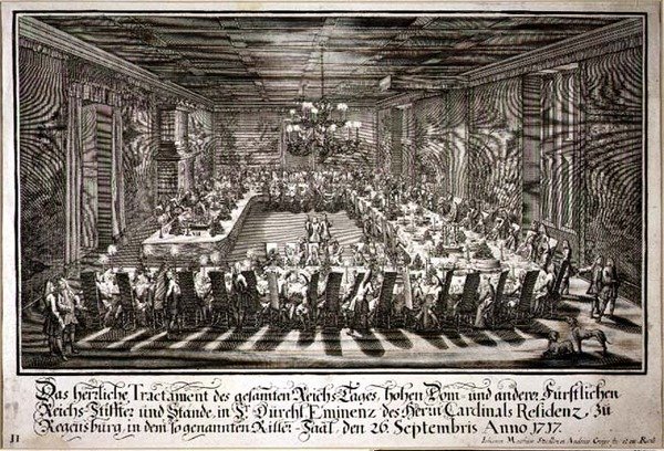 Bankett i kongens sal ved palasset til kardinal i Regensburg, 26. september 1717 (gravering) av Johann Matthias and Geyer Andreas Steidlin