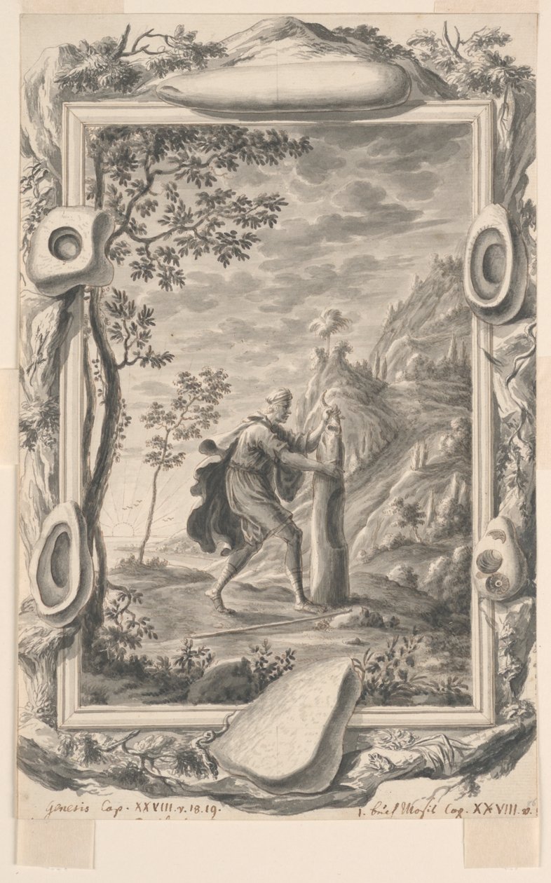 Studie for Jacob Pours Oil on the Stone på Bethel, Plate 87, Physica Sacra av Johann Melchior Füssli