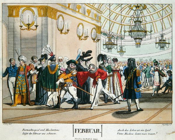 Shrovetide Masked Ball, kalenderillustrasjon for februar, publisert i Nürnberg, ca. 1830 (farget gravering) av Johann Michael (after) Voltz