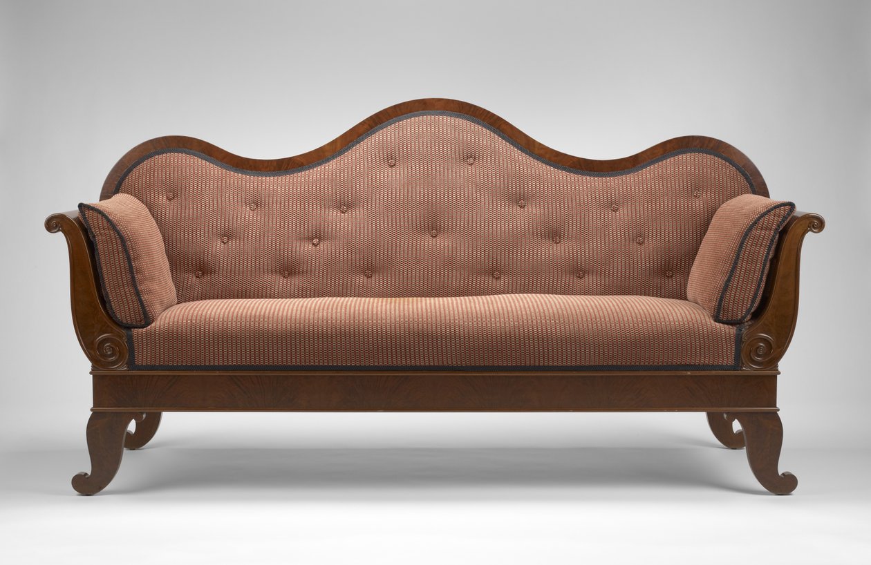 Sofa, c. 1855 (svart valnøtt; svart valnøttfiner, uidentifiserte sekundære treslag og moderne møbeltrekk) av Johann Michael Jahn