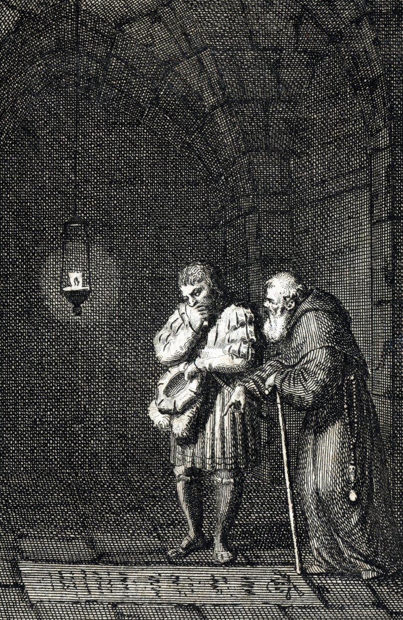 Keiser Charles IV (1346-1378) samler på graven til Widukind av Sachsen (eller Wittekind av Sachsen) en Enger Tyskland i 1377 (Karl IV, den hellige romerske keiseren ved graven til Widukind (Widuking eller Wittekind) i Enger, Tyskland) Gravering av Johann M av Johann Michael Mettenleiter