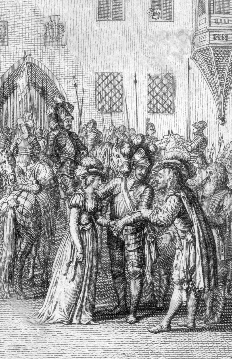 Keiser Henrik VII av Luxembourg (1275-1313) møter sin fremtidige kone Margaret av Brabant (1276-1311) datter av Johannes I, hertug av Brabant og Margarita av Dampierre (Henry VII, keiser av den hellige romerske romersk møter sin kone Margaret av Brabant, d av Johann Michael Mettenleiter