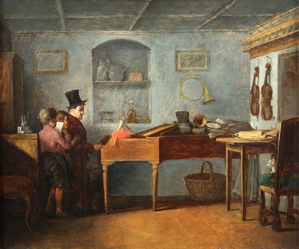 Skolemesteren med guttene som synger flatt ved pianoparet Johann Michael Neder av Johann Michael Neder