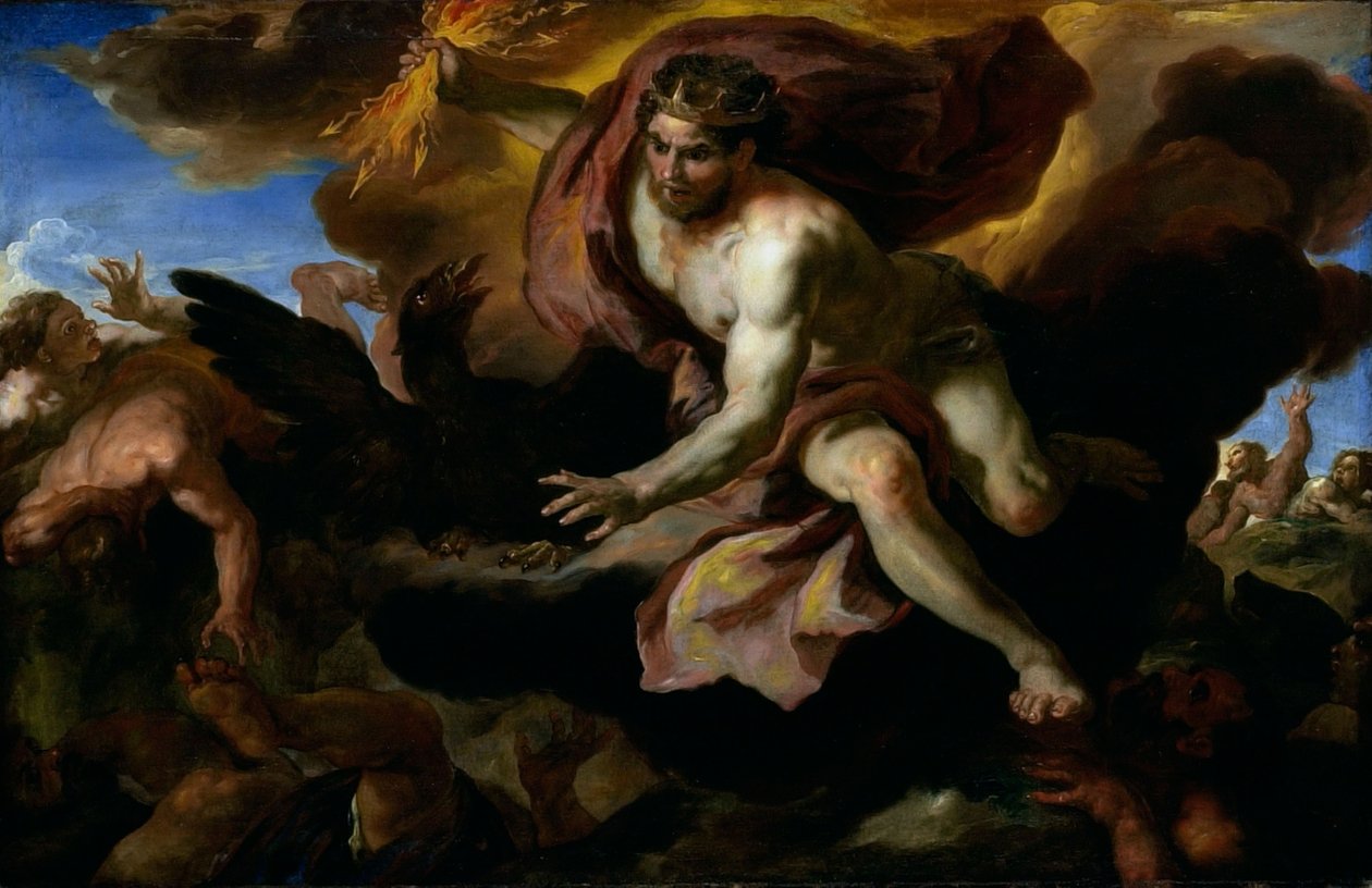 Jove kaster sine Thunderbolts at the Rebellious Giants, ca. 1690-95 (olje på lerret) av Johann Michael Rottmayr