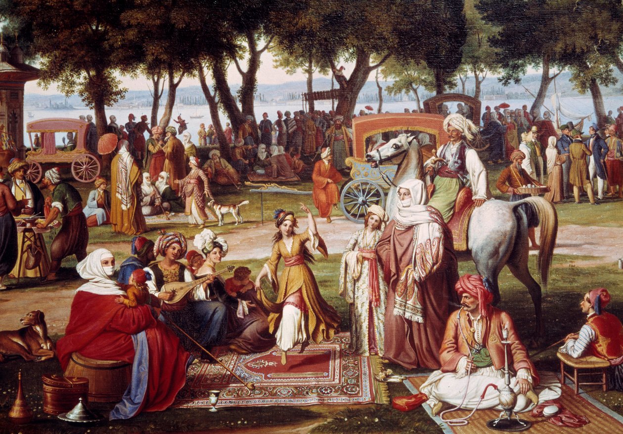 Ferskvann Asia i Konstantinopel - Søt liv: gruppe menn og kvinner som røyker, danser - Maleri av Johann Wittmer (1802-1880) 1837 Detalj - München, Neue Pinakothek av Johann Michael Wittmer