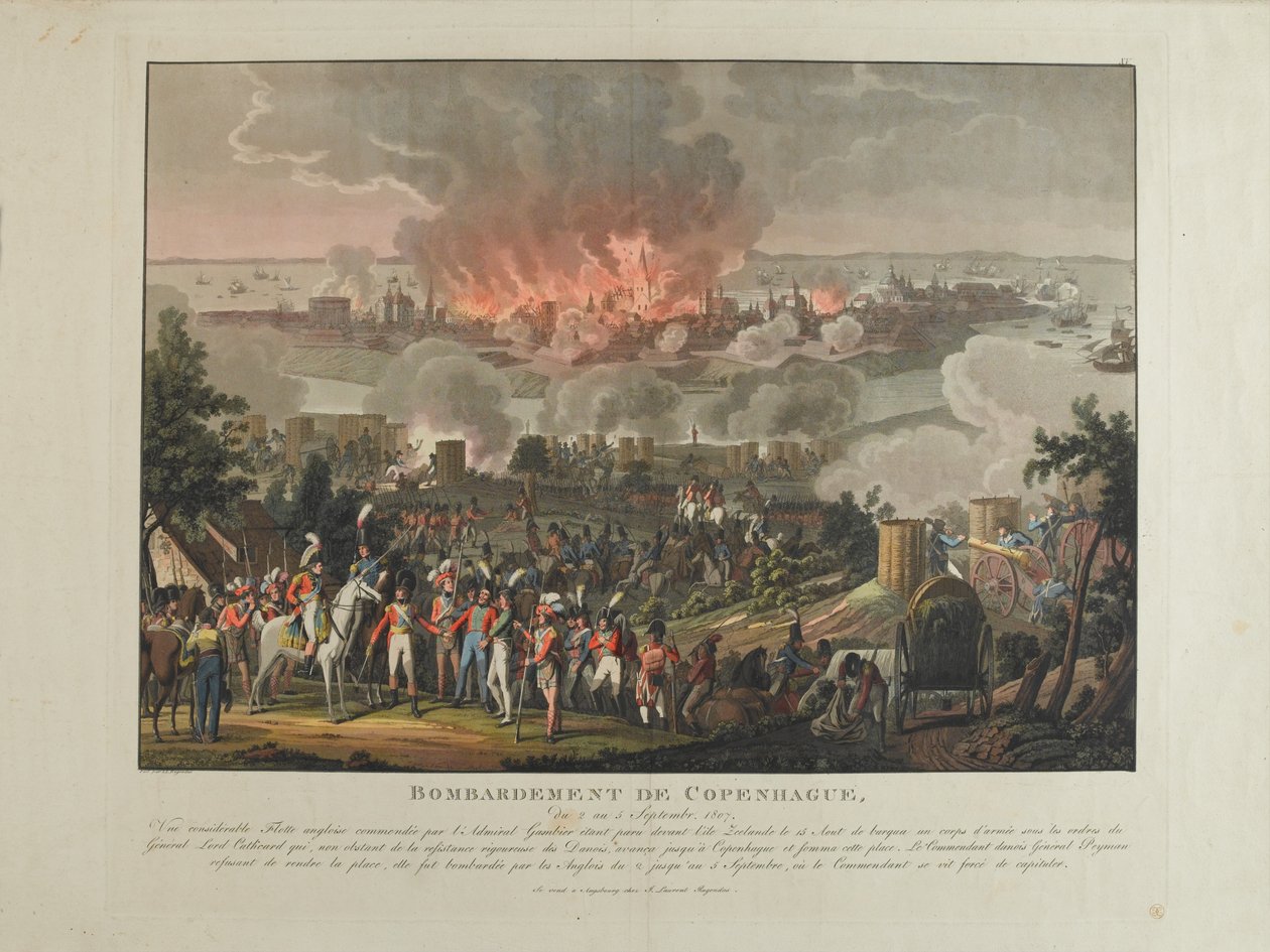 Bombardement av København, 2.-5. september 1807, farget akvatint av og etter J. Laurent Rugendas, utgitt av J. Laurent Rugendas, Augsburg, 1807 av Johann Moritz Rugendas