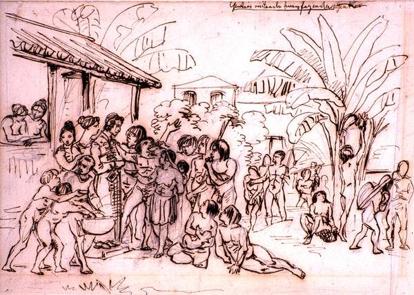 Indianere på besøk på en eiendom, Brasil, ca. 1825 (penn og brunt blekk over blyant) av Johann Moritz Rugendas