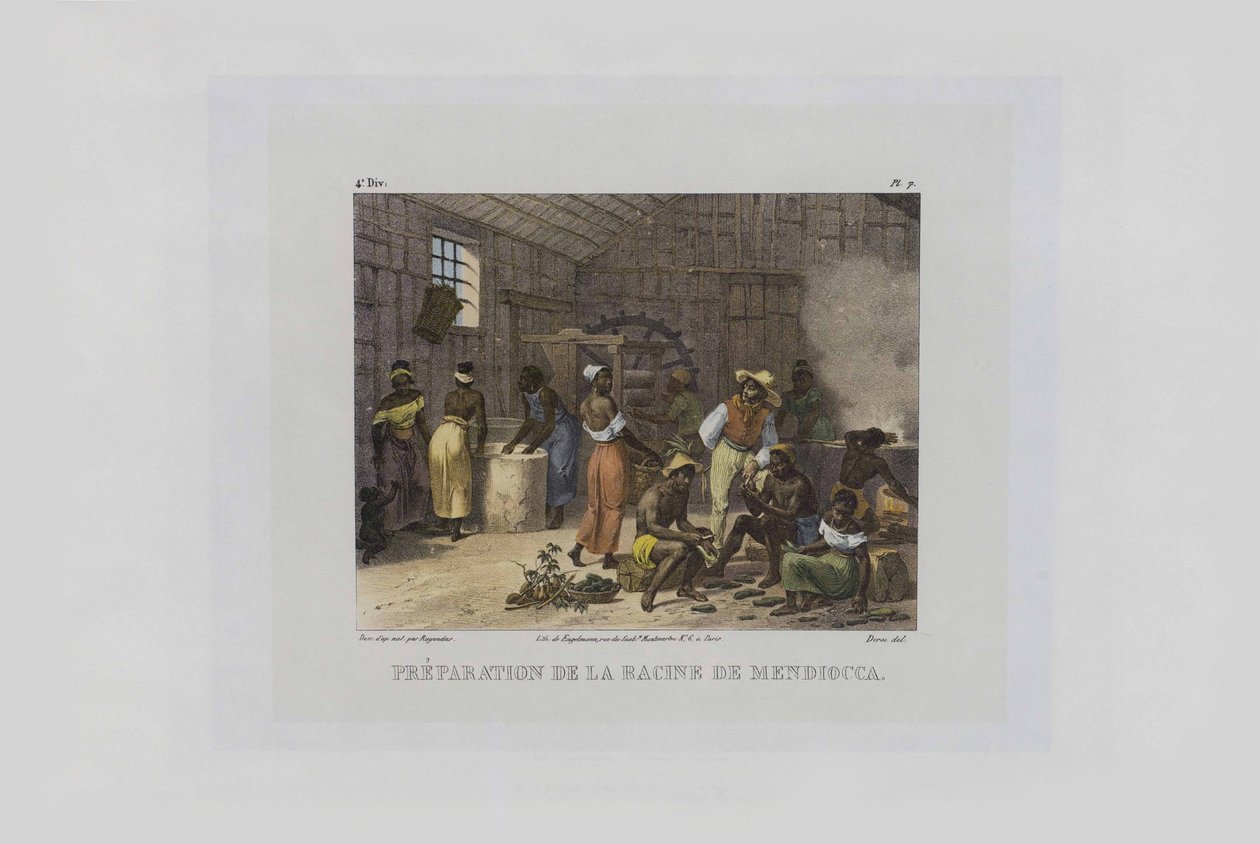 Forberedelse av mandioka røtter. Fra pittoreske reiser i Brasil, 1830-1835. av Johann Moritz Rugendas