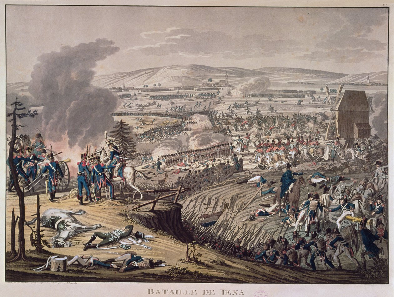 Slaget ved Jena, med landsbyene Klein-Romstedt, Hermstedt og Stobra i bakgrunnen (akvatint) av Johann Moritz Rugendas