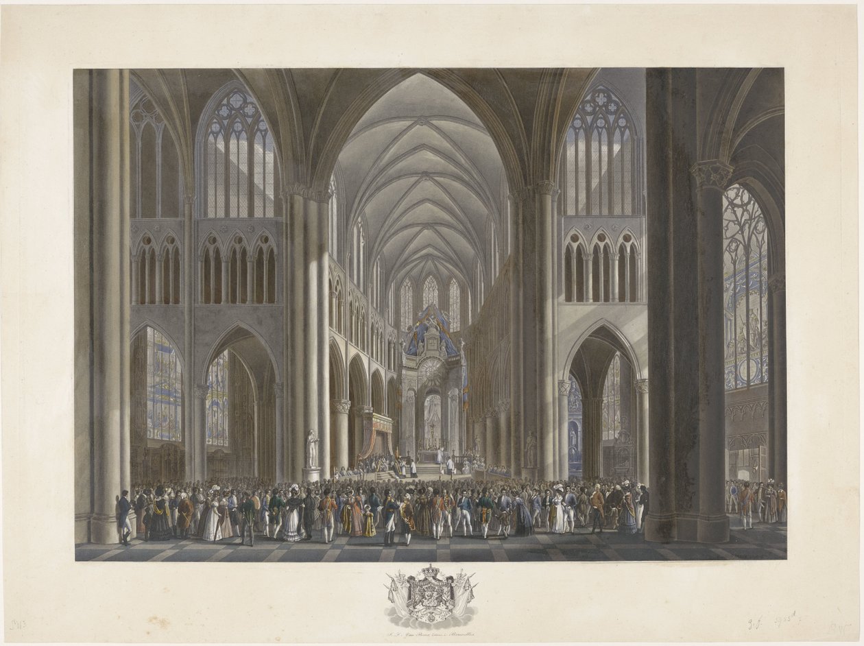 Velsignelse av kong Vilhelm I i Saint Gudula-kirken i Brussel 21. september 1815 Tolv plater med ankomst og innvielse av William I i Brussel og kampene ved Quatre-Bras og Waterloo i 1815 (serietittel) av Johann Nepomuk Gibèle (possibly)