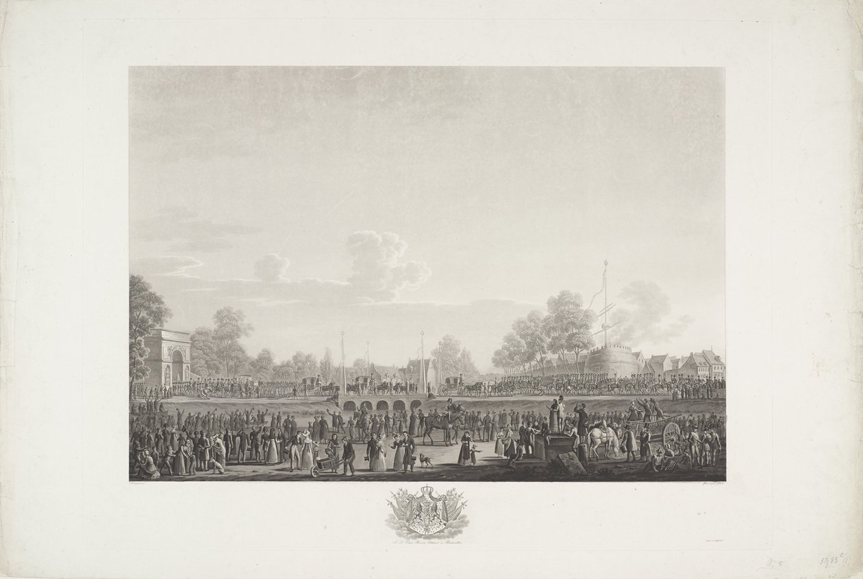 Ankomst av kong William I i Brussel, 1815 Tolv plater med ankomst og innvielse av William I i Brussel og kampene ved Quatre-Bras og Waterloo i 1815 (serietittel) av Johann Nepomuk Gibèle