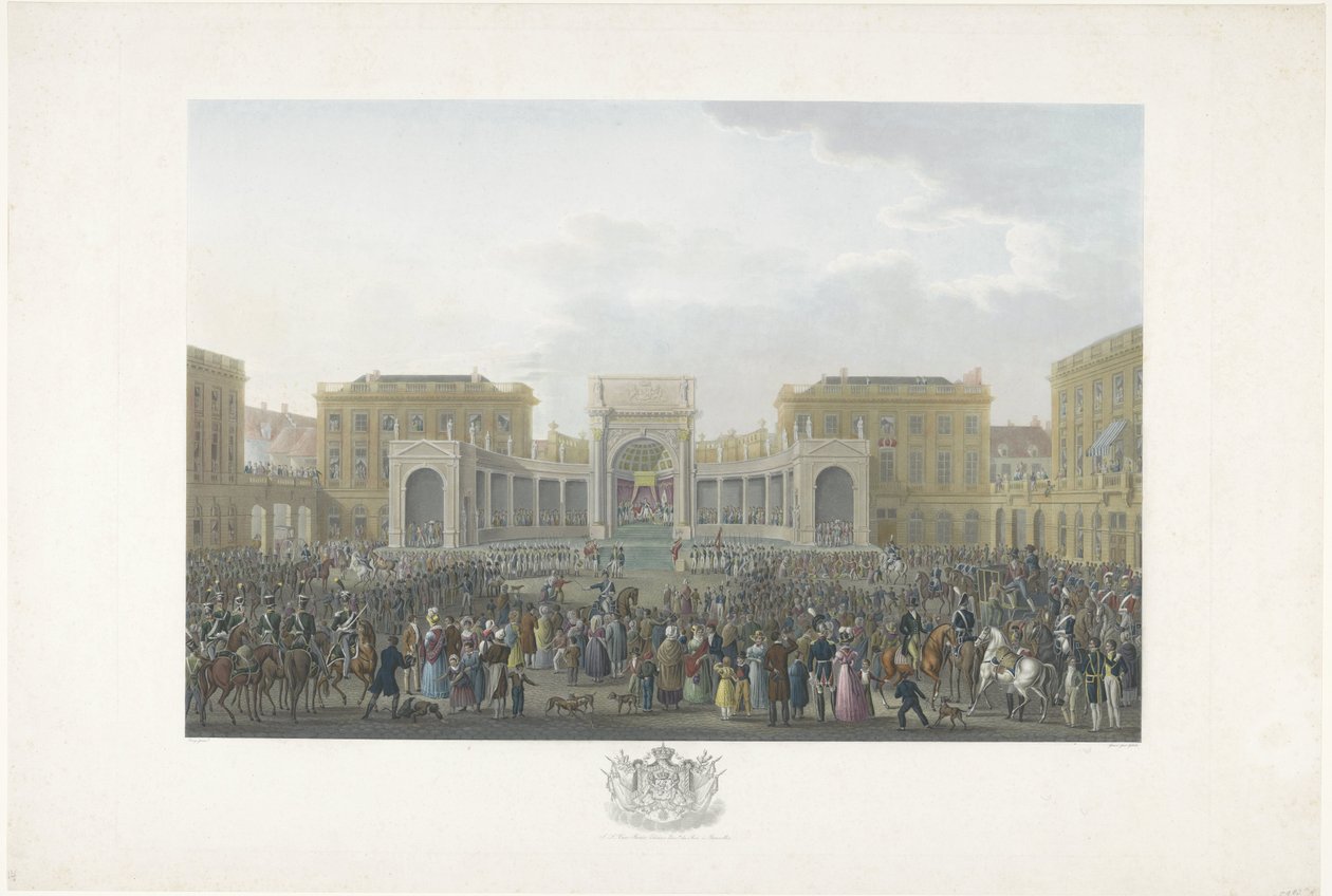Innvielse av Vilhelm I i Brussel 21. september 1815 Tolv plater med ankomst og innvielse av William I i Brussel og kampene ved Quatre-Bras og Waterloo i 1815 (serietittel) av Johann Nepomuk Gibèle
