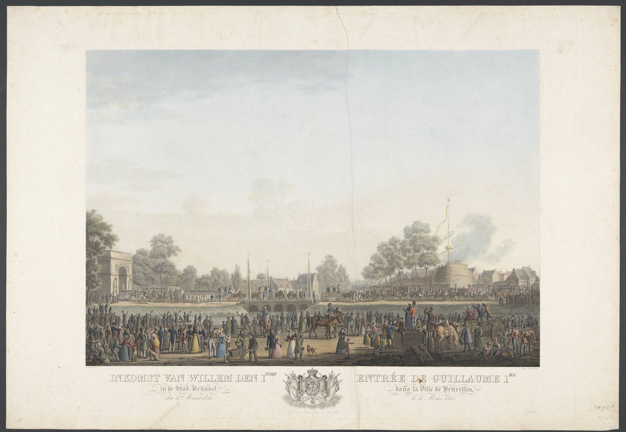 Vilhelm den 1.s ankomst til byen Brussel 30. mars 1815 / Entrée de Guillaume 1er dans la Ville de Bruxelles, 30. mars 1815 (tittel på objekt) Tolv plater med ankomst og innvielse av William I i Brussel og kampene ved Quatre-Bras av Johann Nepomuk Gibèle