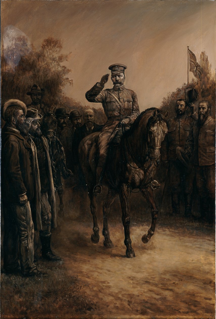 General Lord Kitchener hilser mens han rir forbi boerledere som står og tar av seg hatten, 1902 av Johann Nepomuk Schonberg