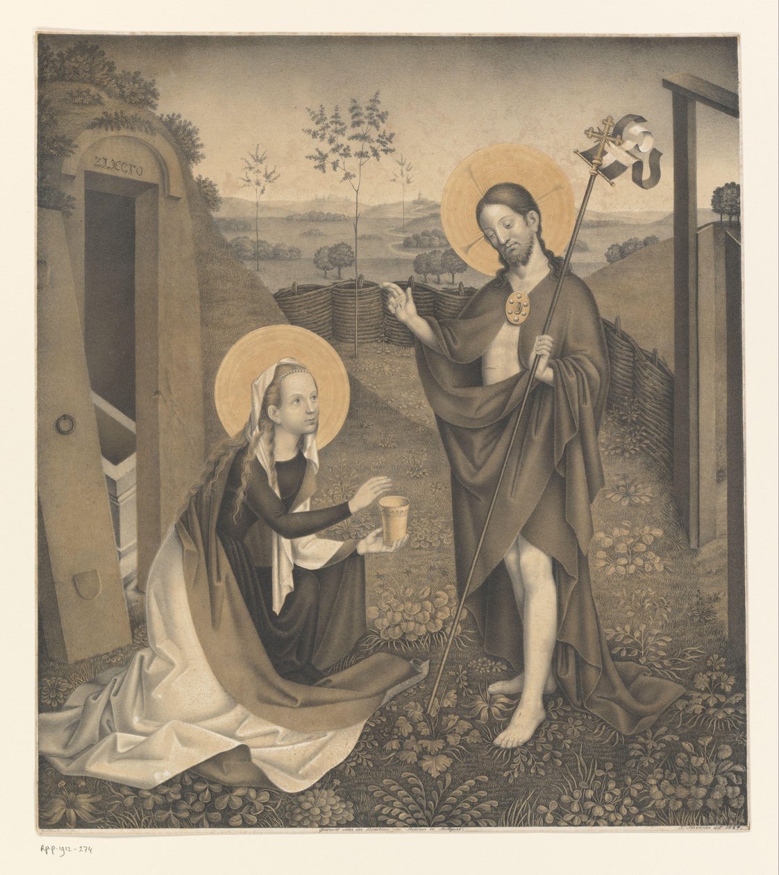 Kristus og Maria Magdalena i en inngjerdet hage Verk fra samlingen til brødrene Boisserée (serietittel) Galerie des Frères Boisserée (serietittel) av Johann Nepomuk Strixner