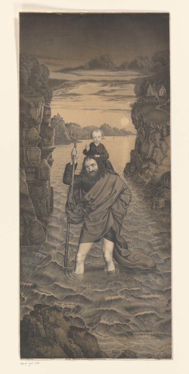 Den hellige Christopher krysser en elv med Kristusbarnet på skuldrene Verk fra samlingen til brødrene Boisserée (serietittel) Galerie des Frères Boisserée (serietittel) av Johann Nepomuk Strixner