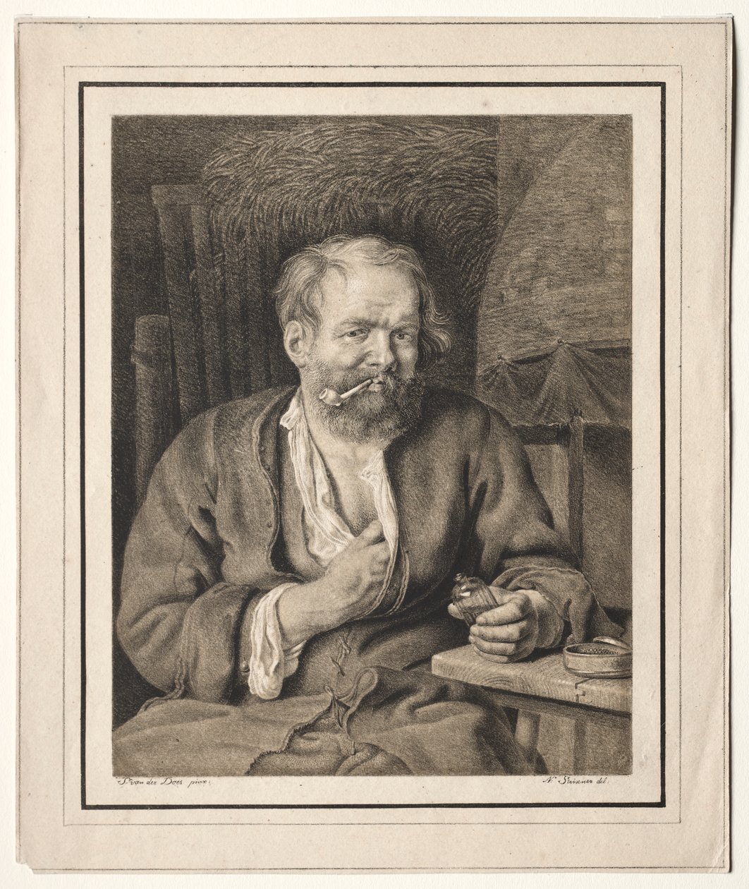 Bonde sitter ved et bord og røyker pipe av Johann Nepomuk Strixner
