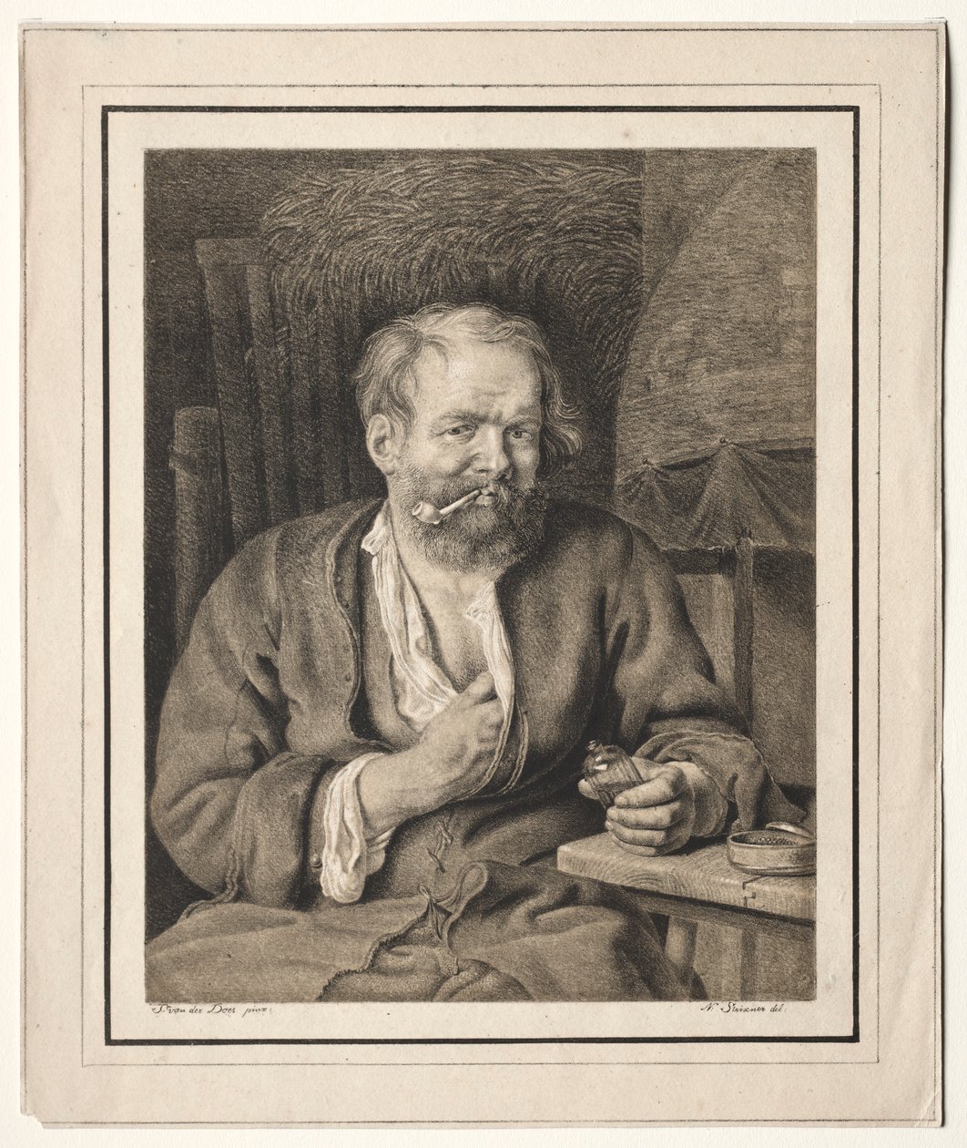 Bonde sitter ved et bord og røyker en pipe, 1817-1821. av Johann Nepomuk Strixner