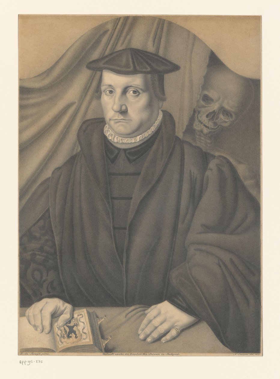 Portrett av en ukjent mann med skjelett bak seg Verk fra samlingen til brødrene Boisserée (serietittel) Galerie des Frères Boisserée (serietittel) av Johann Nepomuk Strixner