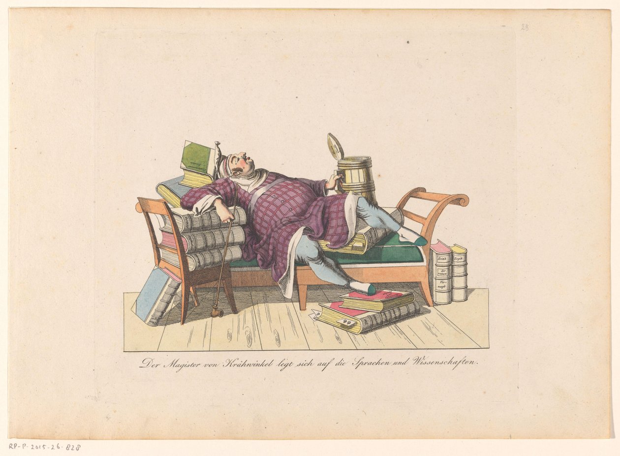 Leraar van Krähwinkel liggende på en sofa med boeken Magister von Krähwinkel legger seg ned på språkene og vitenskapene (tittel på objekt) av Johann Nussbiegel (possibly)