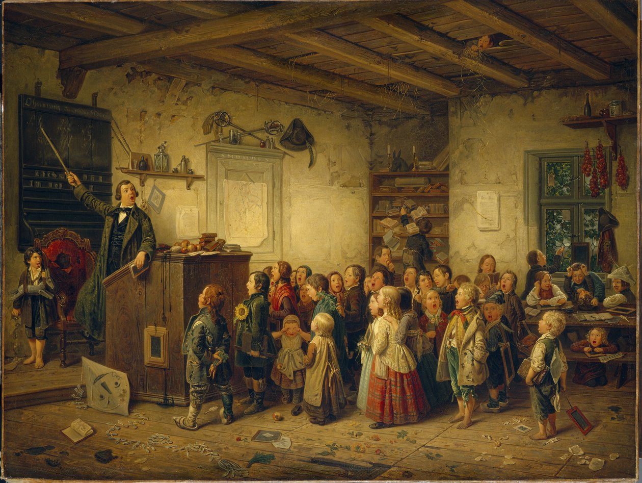 Hieronymus Jobs lærer. Utdrag fra Jobsiade-serien. (H. Jobs undervisning. Fra serien Jobsiada). Jobsiaden eller livet til kandidaten i teologi Mr. Jobs, tysk tegneserieepos av doktor Conrad Arnold Kortum (1745-1824). Scenen som er representert her des av Johann Peter Hasenclever