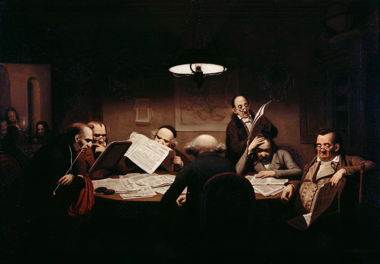 ""Lesesalen"" Menn rundt et dårlig opplyst bord leser pressen - Maleri av Johann Peter Hasenclever (1810-1853) 1843 Staatliche Museen, Berlin av Johann Peter Hasenclever