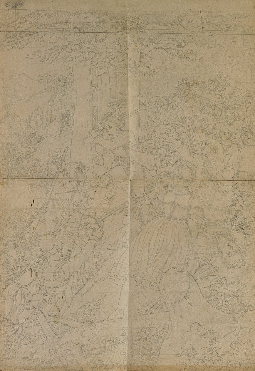 Konturtegning for "Scenen fra den tyrolske kampen for frihet" av Johann Peter Krafft