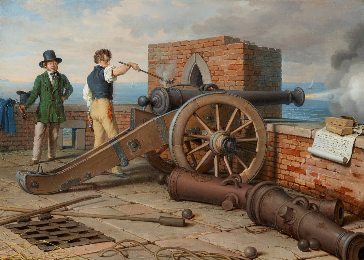 Kunstnervenner løser et kanonskudd ved Michele-festningen nær Ostia (Ferdinand Jagemann og Peter Krafft) av Johann Peter Krafft