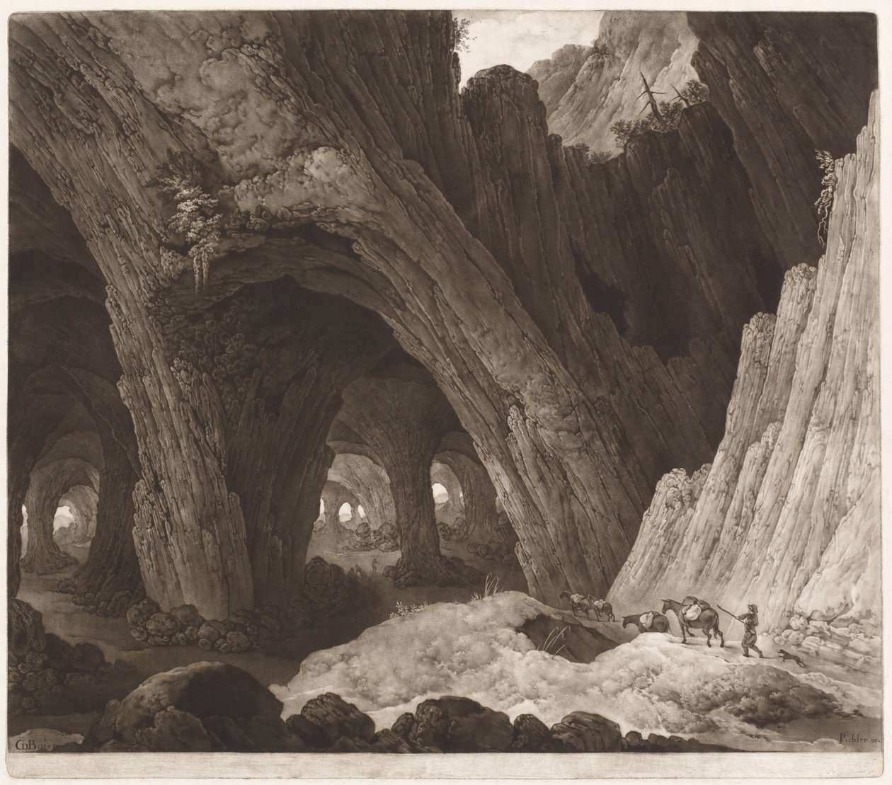 Reisende hviler i gigantiske huler av Johann Peter Pichler, after Guillam Dubois