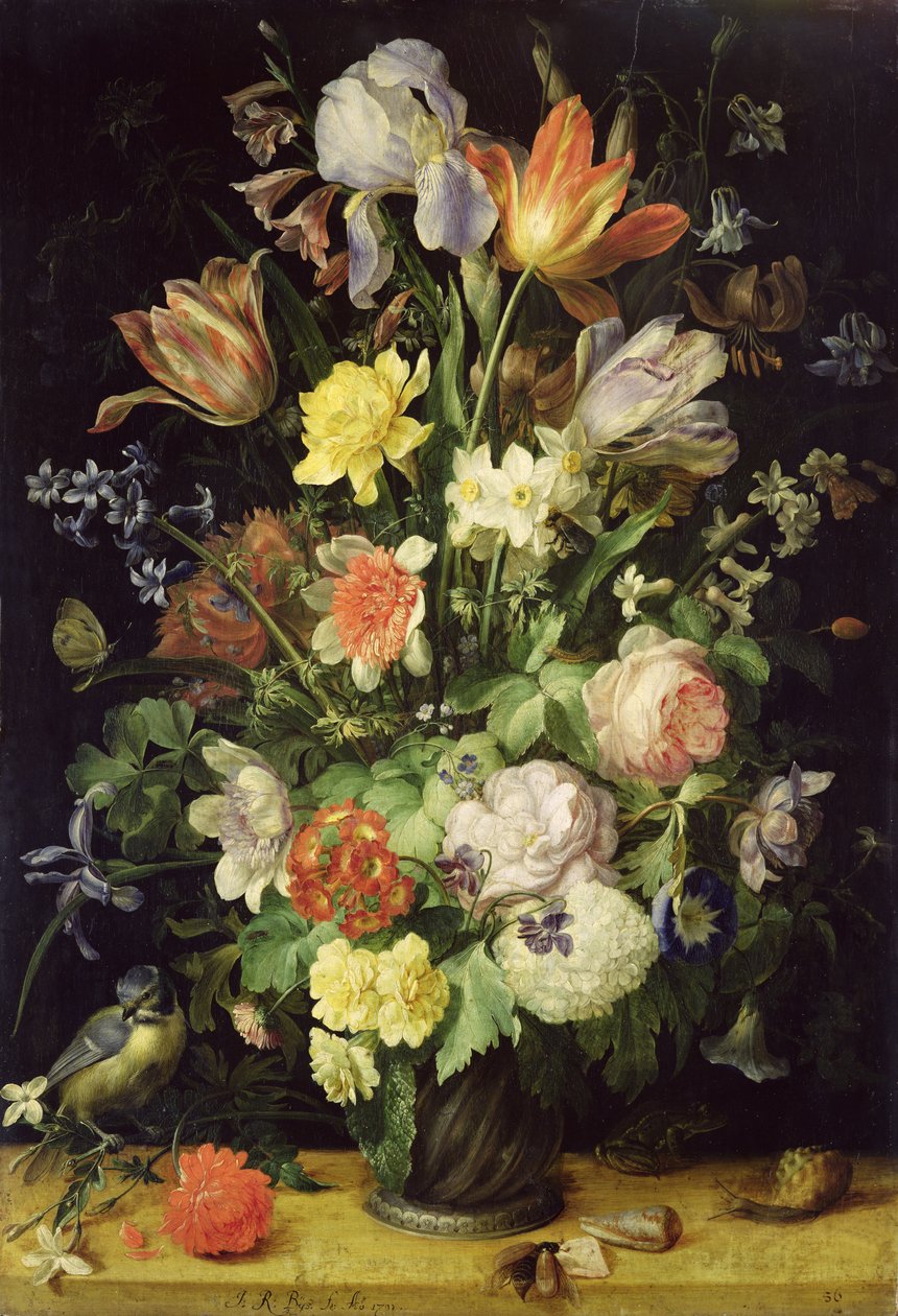 Stilleben med blomster og blåmeis av Johann Rudolf Byss