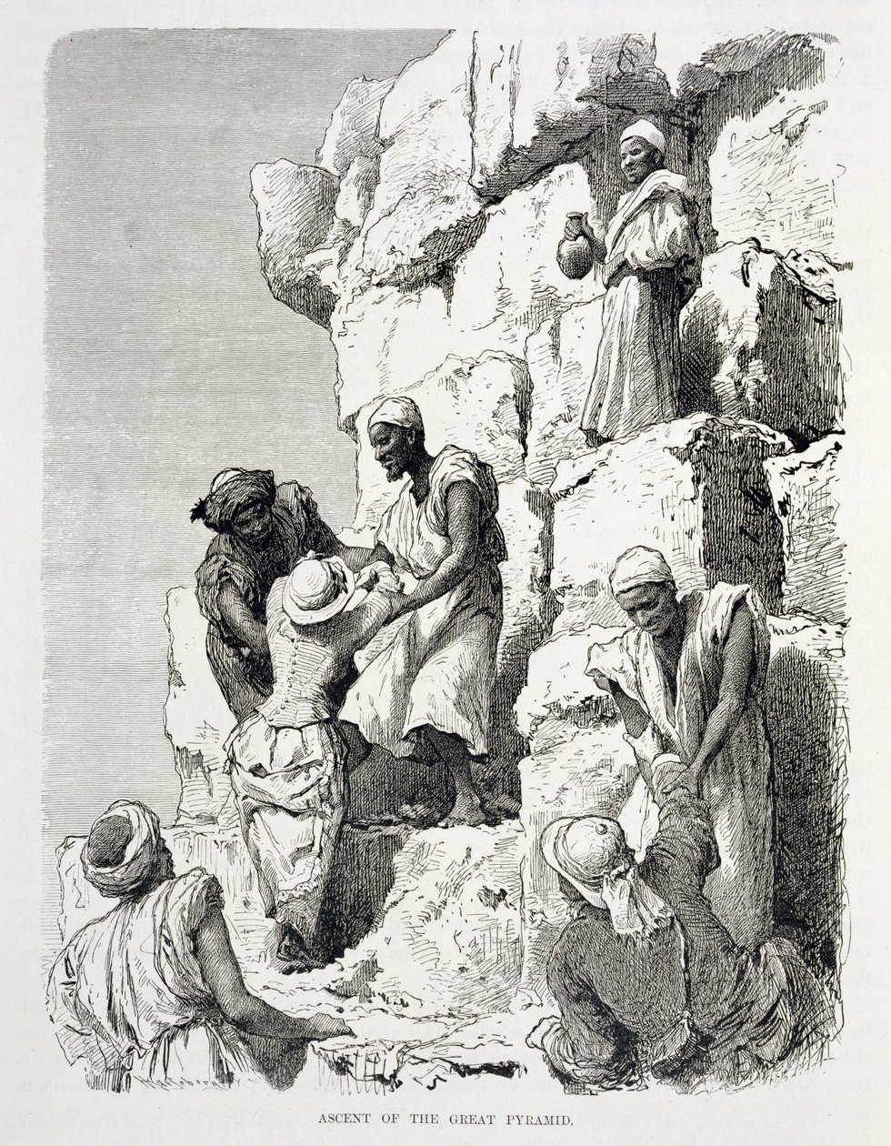 Ascent of the Great Pyramid, 1800-tallet (gravering på papir) av Johann Rudolph the Elder Huber