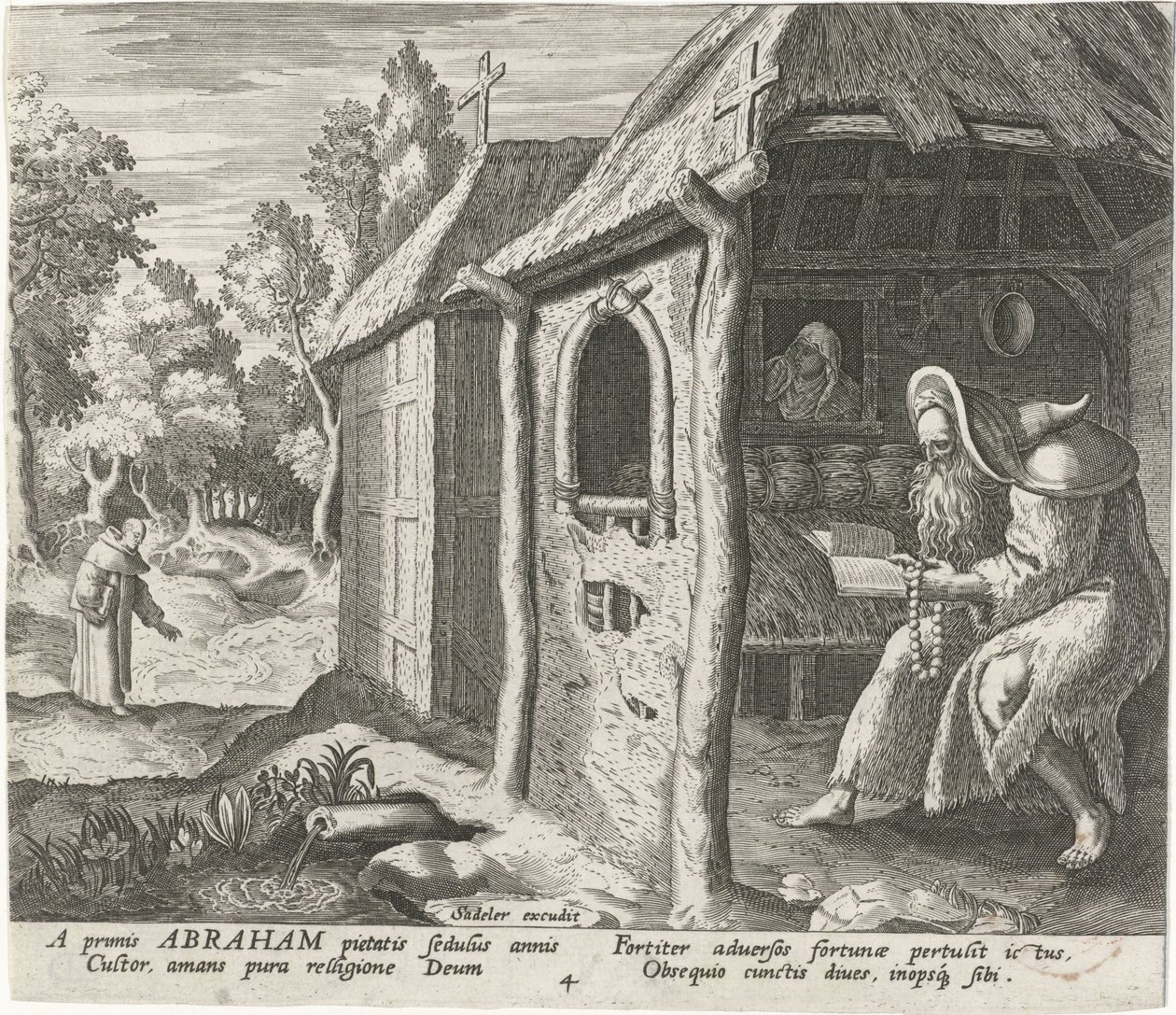 Abraham av Edessa som eremitt Mannlige eremitter (serietittel) Solitudo Sive Vitae Patrum Eremicolarum (serietittel) av Johann Sadeler (I)