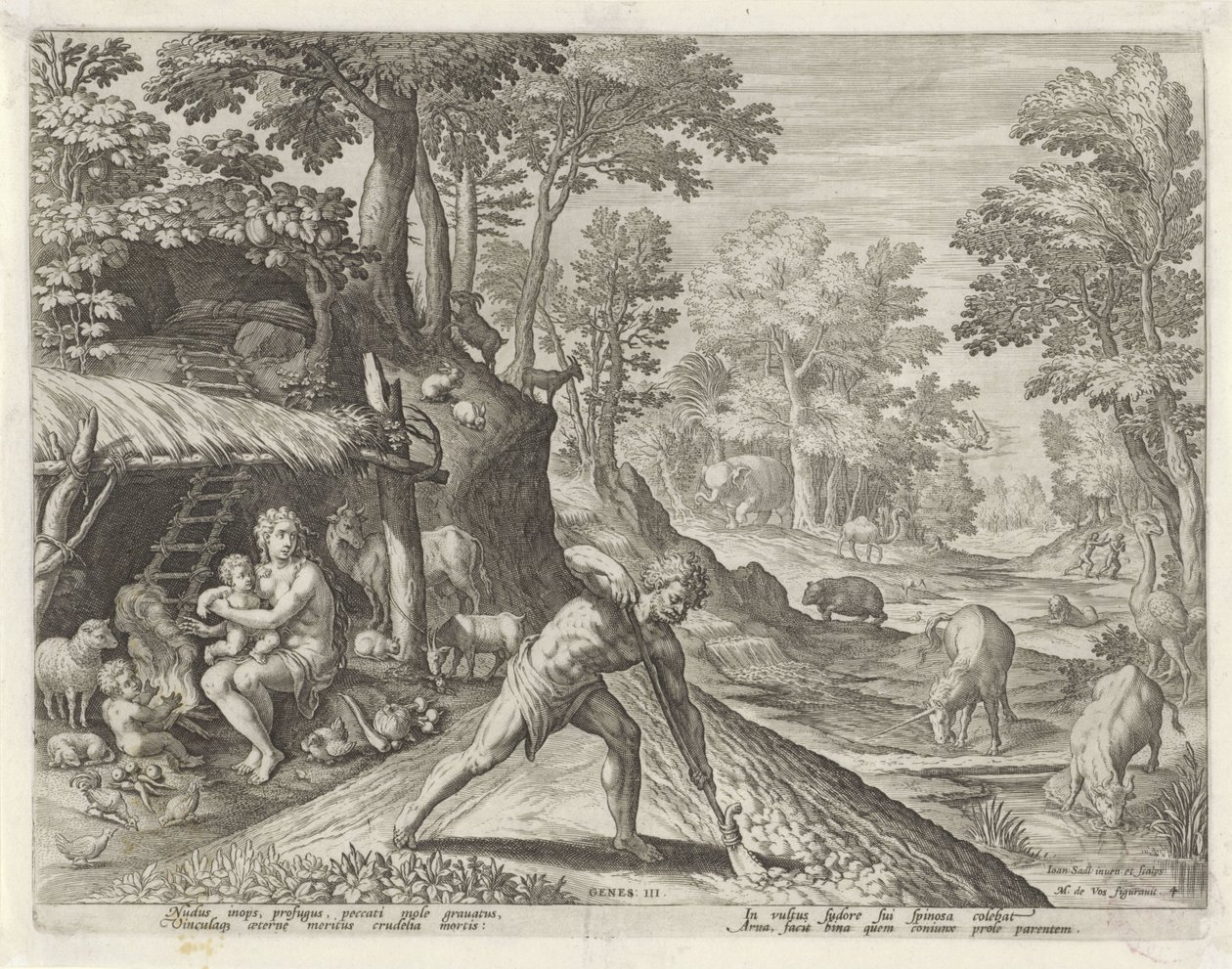 Adam og Eva på jobb utenfor det jordiske paradis Historien om Kains familie / Om godt og dårlig arbeid (serietittel) Boni et mali scientia (serietittel) av Johann Sadeler (I)