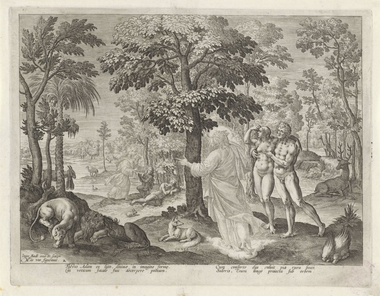 Adam og Eva i paradis Historien om Kains familie / Om gode og dårlige verk (serietittel) Boni et mali scientia (serietittel) av Johann Sadeler (I)