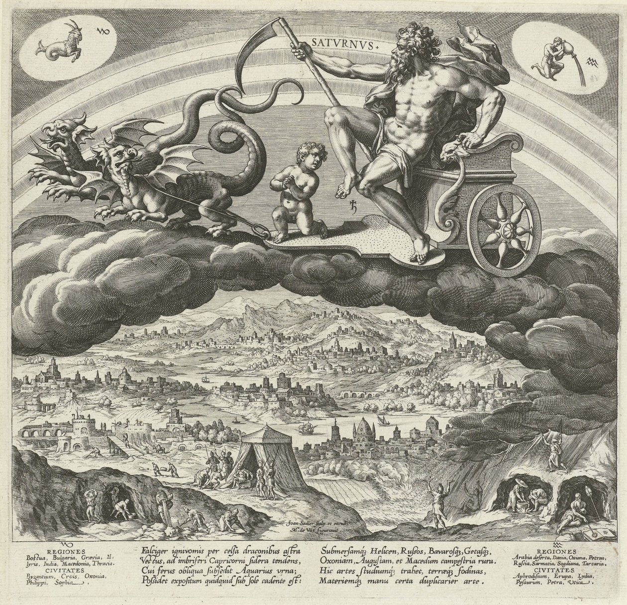 Planeten Saturnus har sin innflytelse på verden The Seven Planets (serietittel) Effekter av planetene og deres tegn i dyrekretsen (serietittel) av Johann Sadeler (I)
