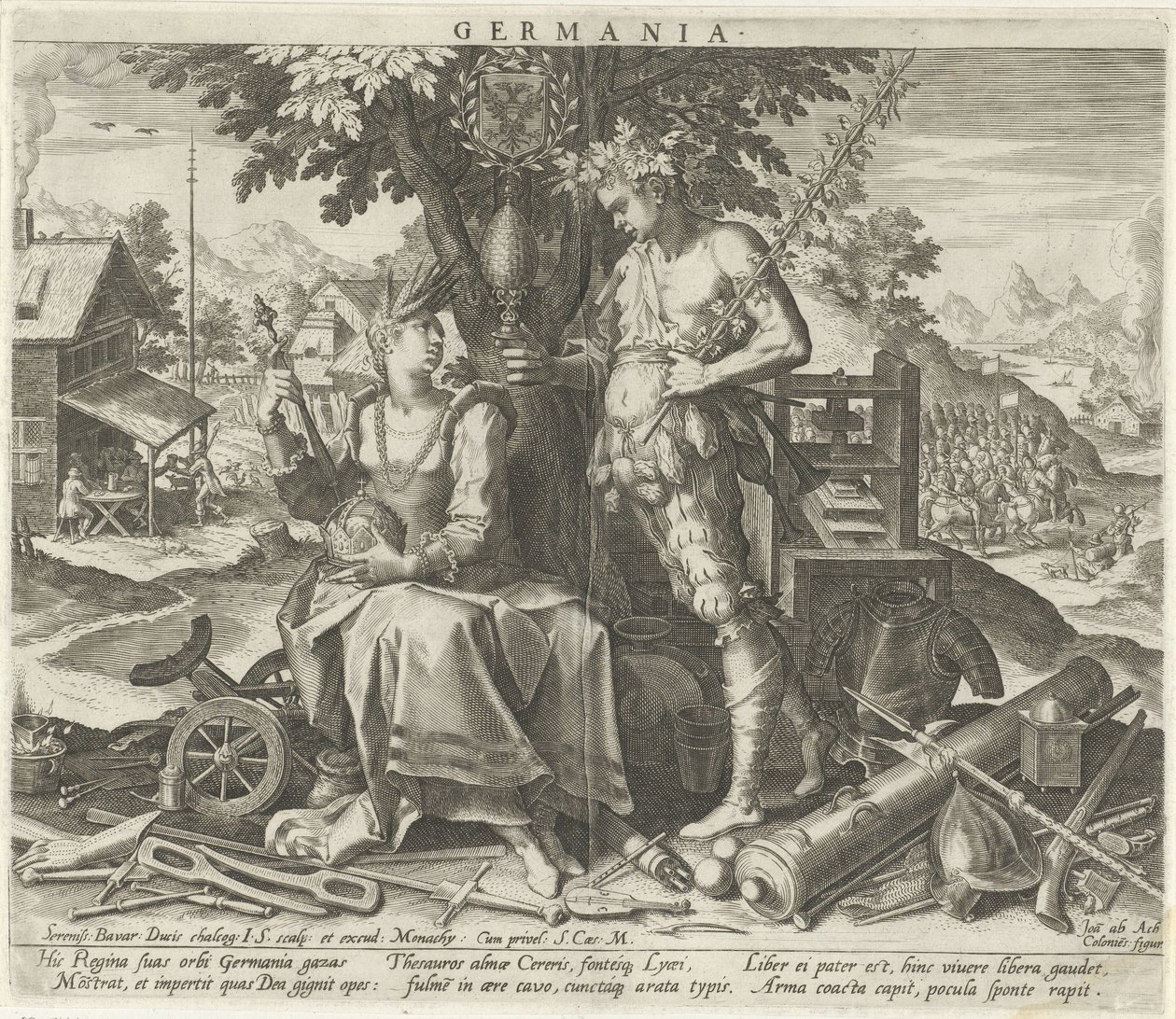 Tyskland med Ceres og Bacchus Germania (tittel på objekt) Allegoriske representasjoner av europeiske land (serietittel) av Johann Sadeler (I)