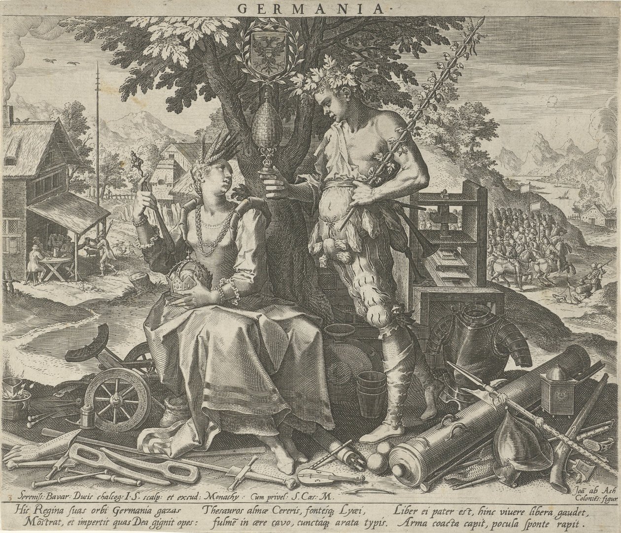 Tyskland med Ceres og Bacchus Germania (tittel på objekt) Allegoriske representasjoner av europeiske land (serietittel) av Johann Sadeler (I)