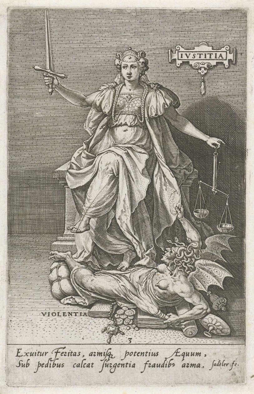 Rettferdighet (Justitia) overvinner vold (Violentia) Rettferdighet (tittel på objekt) Dydene erobrer lastene (serietittel) av Johann Sadeler (I)