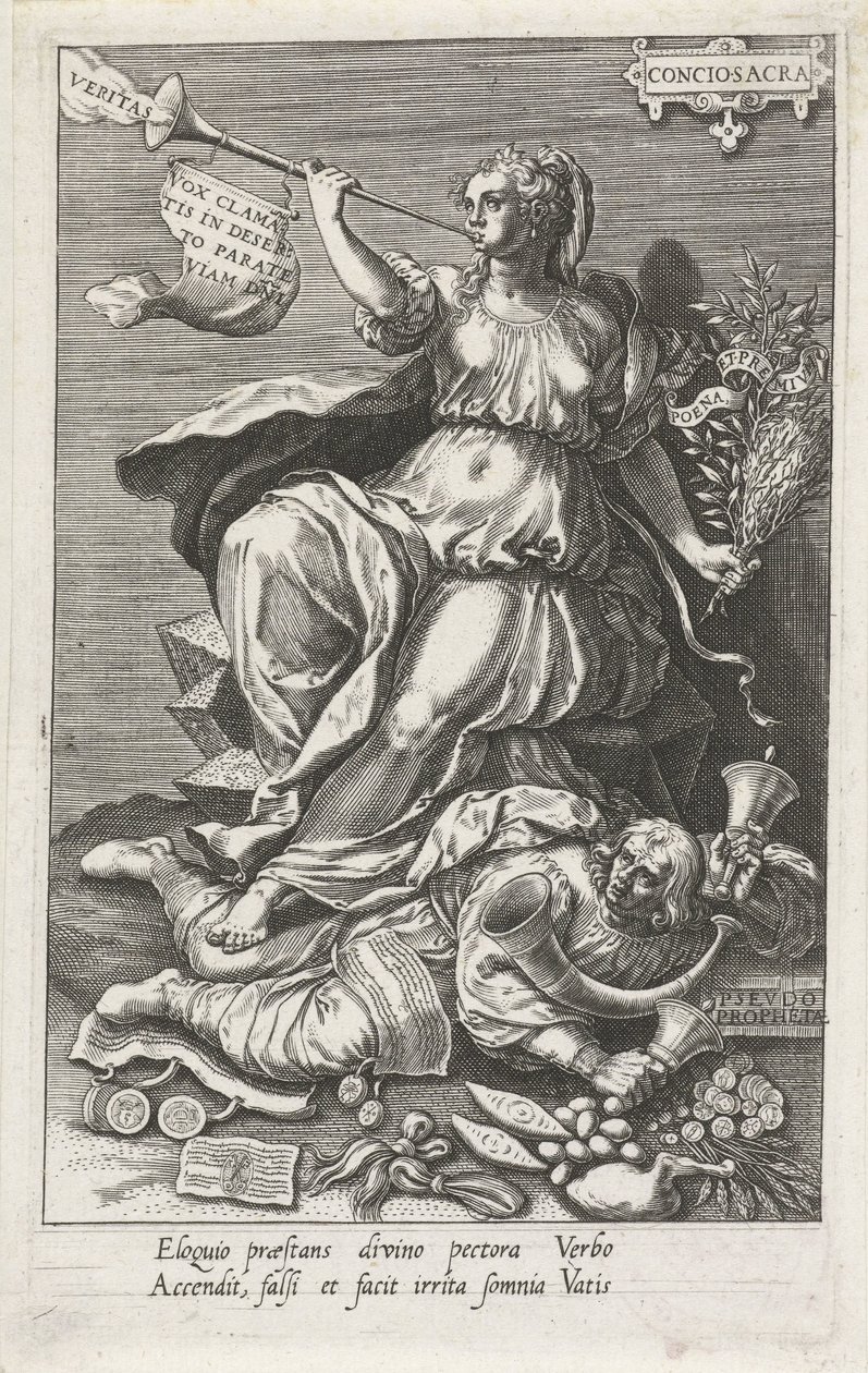 Samvittighet (Conciosacra) overvinner falske profeter (Pseudo prophetae) Conciosacra (tittel på objekt) Dydene overvinner lastene (serietittel) av Johann Sadeler (I)