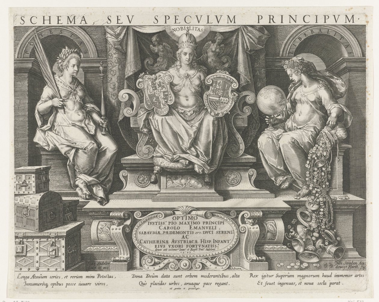 Autoritet (Potestas), Prestige (Nobilitas) og Velvilje (Liberalitas) Titteltrykk for en serie om egenskapene til en prins Hovedaktiviteter til en prins (serietittel) Schema, seu speculum principum (serietittel) Tidsplan, sev specvlvm av Johann Sadeler (I)