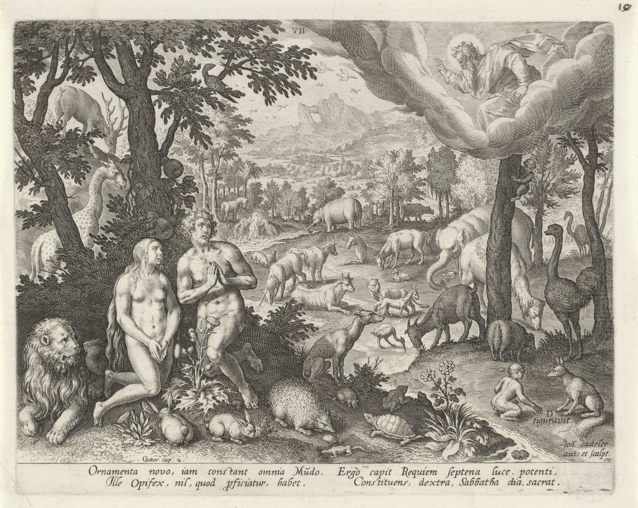 Gud Faderen velsigner Adam, Eva og dyrene Creation of the World (serietittel) av Johann Sadeler (I)