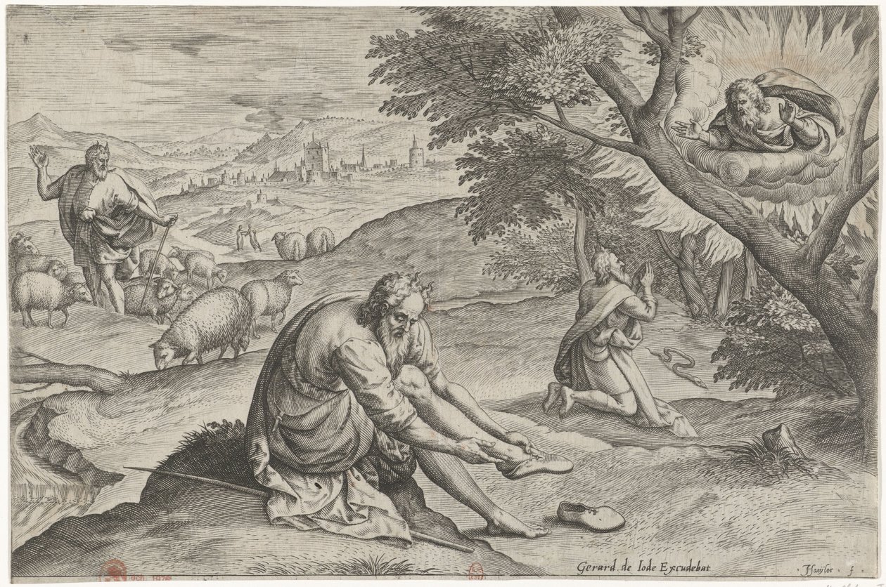 Gud viser seg for Moses i den brennende busken Historien om Moses før utvandringen (serietittel) Historia plagarum i Aegijpto (serietittel) av Johann Sadeler (I)