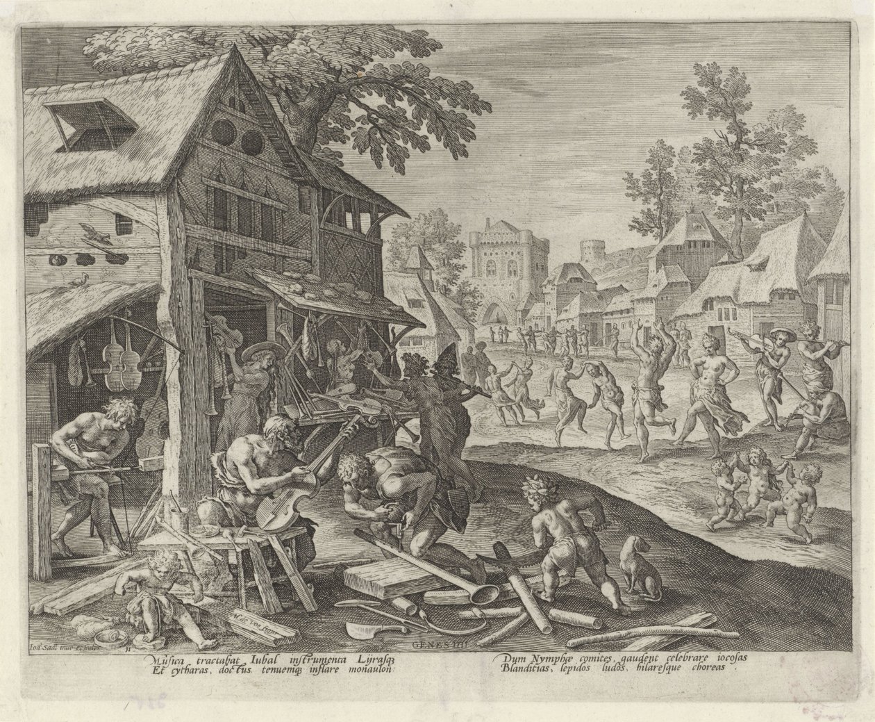 Jubal og familien hans lager musikkinstrumenter Historien om Kains familie / Om gode og dårlige verk (serietittel) Boni et mali scientia (serietittel) av Johann Sadeler (I)
