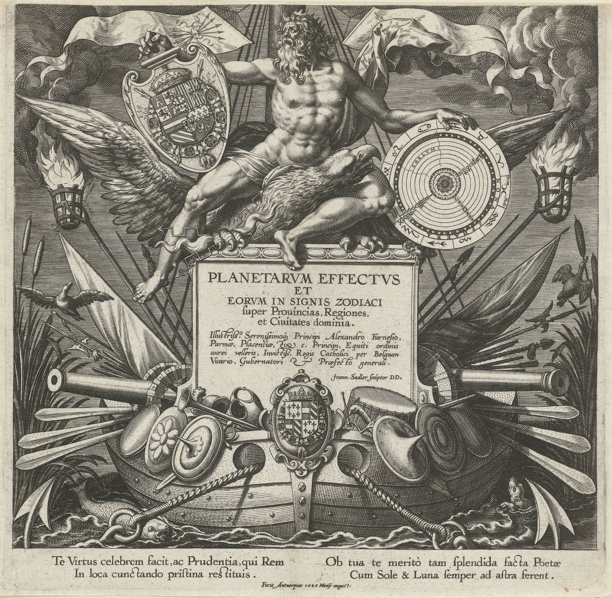 Jupiter en en oorlogsschip med våpenet av Alessandro Farnese Titelprent av en prentserie over de influence van de planeten over streken Planetariske effekter og deres effekter i dyrekretsens tegn (serietittel) Planetarvm effectvs et eorvm in signis zodiaci av Johann Sadeler (I)