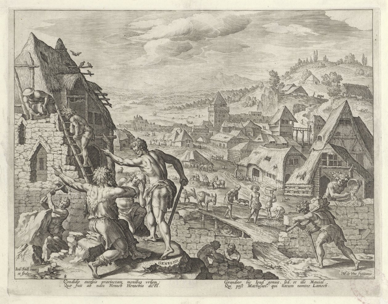 Kain bygger byen Enok Historien om Kains familie / Om gode og dårlige verk (serietittel) Boni et mali scientia (serietittel) av Johann Sadeler (I)