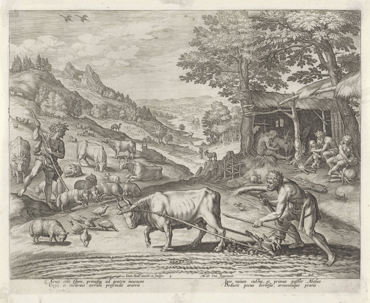 Kain og Abel som bonde og hyrde Historien om Kains familie / Om gode og dårlige verk (serietittel) Boni et mali scientia (serietittel) av Johann Sadeler (I)
