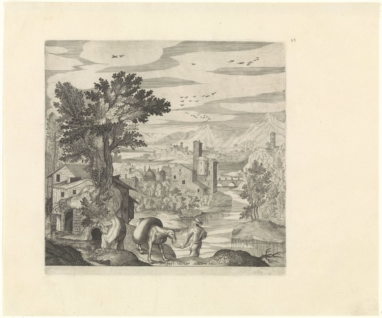 Landskap med en bonde og eselet hans Italienske landskap (serietittel) av Johann Sadeler (I)