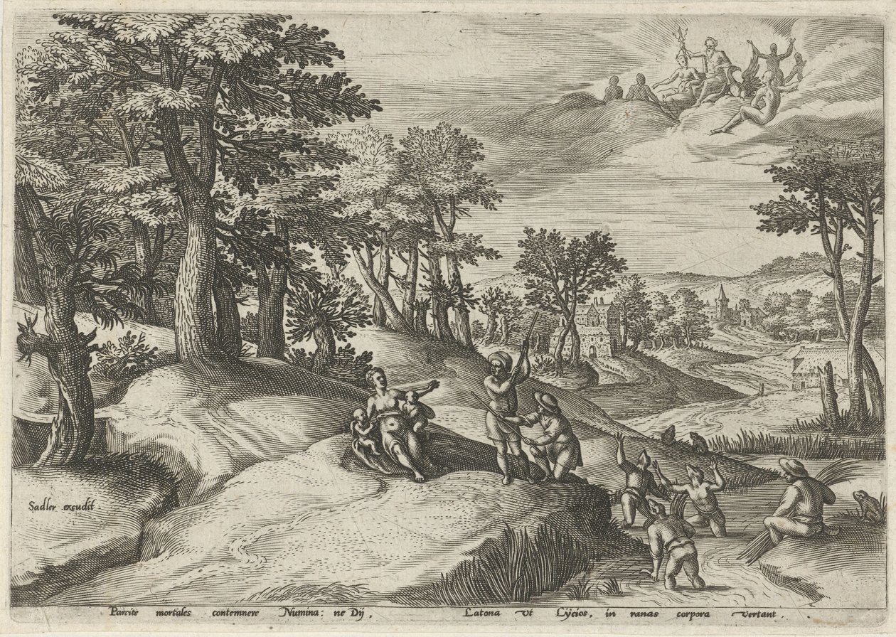Leto (Latona) gjør lykerne til frosker Landskap med mytologiske scener (serietittel) av Johann Sadeler (I)